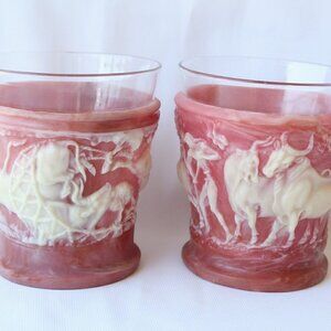VTG 1960's genuine incolay stone pair candle holders bull Victorian design pink